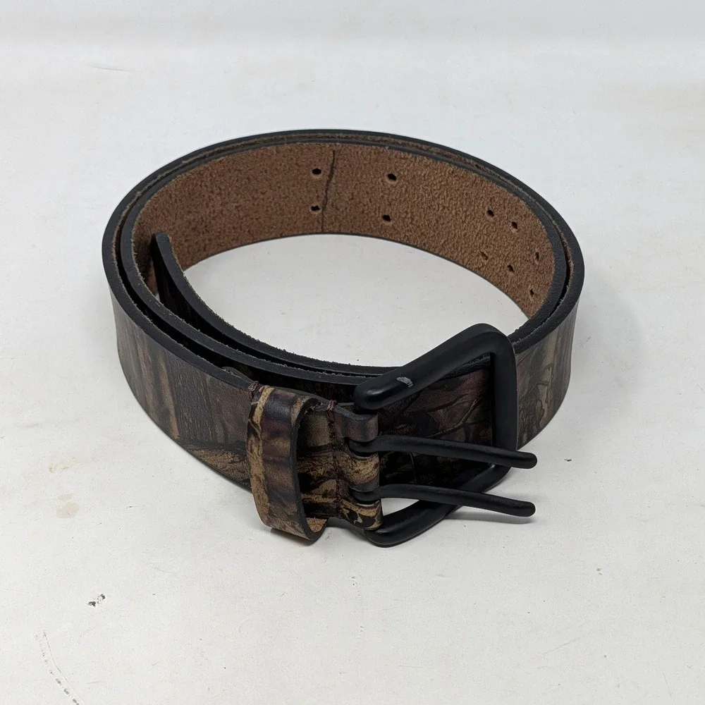Camouflage Genuine Leather Double Prong Belt Forest Oak Camo 1402 Mens Size M